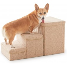 TwinFlow Dog Stairs with Storage, 3-Step Sturdy Dog Steps for Small Medium or Large Older Dogs Cats, Folding Pet Stairs Climbing Sofas, high beds, Windows and Cars (Beige, No Condo,16.7" H)